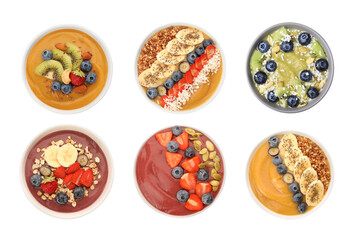 Set of different smoothie bowls isolated on white, top view