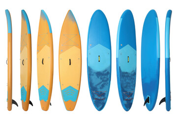 Collage with SUP boards with paddle isolated on white, different sides