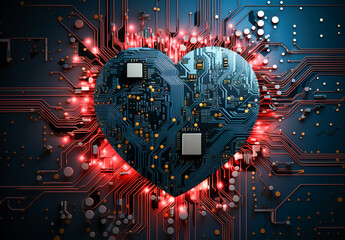 A heart-shaped circuit board on a colorful background
