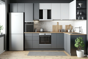 Fototapeta premium With a hardwood floor, gray cabinets and worktops, and an oven, this contemporary white and wooden kitchen area looks great. a mockup. Generative AI