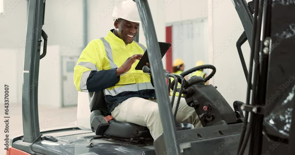 Aufkleber tablet, engineering and forklift with black man in warehouse for communication, social media and net