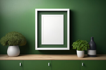 Green wall-mounted photo frame mockup. Generative AI