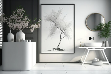 Modern bathroom with blooming tree, poster wall mockup,. Generative AI