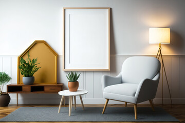 a mock-up of poster frames in a living room, a comfortable recliner with a coffee table and décor, a living space, and a home interior. Generative AI
