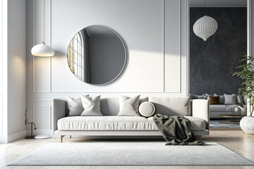 White living room with vintage floor lamp. Round mirror above gray sofa on carpet. Generative AI