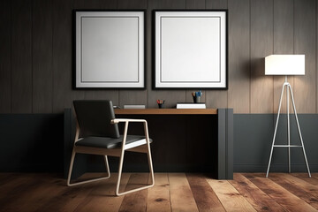 Two square frames mockups with a dark desk and chair against a wooden wall. wood floors Modern home office design. Generative AI