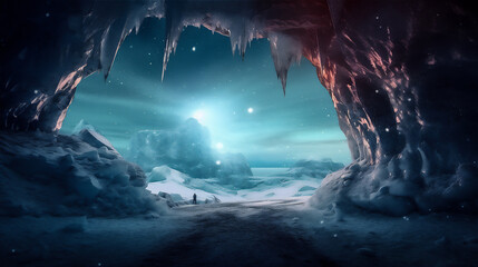 a scenic view from ice cave in north pole, clear river in the cave, lake and sky with strars and aurora at the outside, polar bear at the lake, reflection, dramatic light and shadows, hyper realistic 
