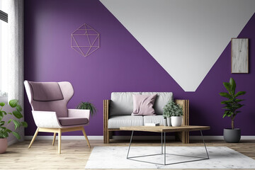 White leather armchair, wooden triangular coffee table, and violet wall in living room. illustration. Generative AI