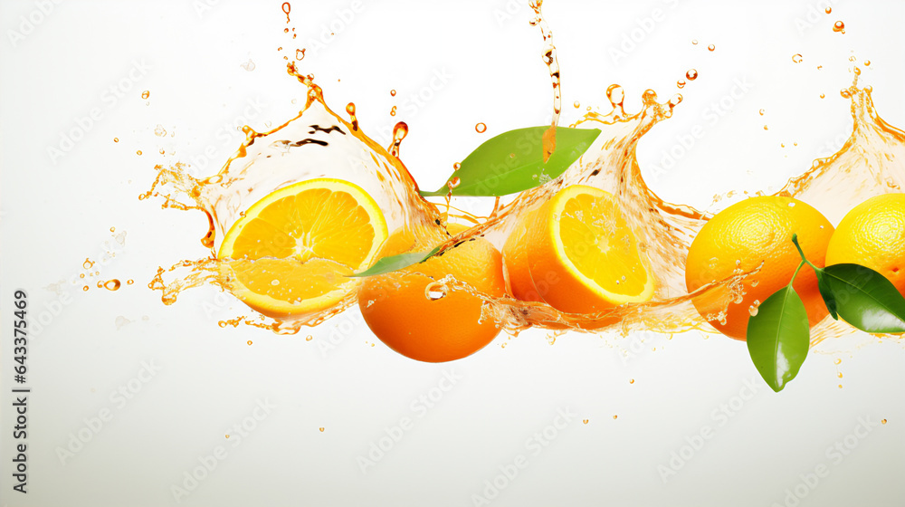 Sticker orange fruits droped into orange juice and make a huge splash curve, green leaves, full of orange juice splash in close up, isolated white::3 background, random curve, hyper realistic, beautiful dream