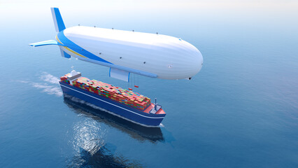Future transportation concept 3d render of dirigble with zeppelin, airship etc. loading containers for transporting from container ship. Helium filled cargo airship for shipment of goods. 