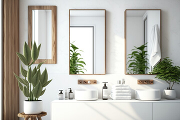 Two small vertical mirrors, a towel rack, and a potted plant in a white bathroom. tones. Generative AI