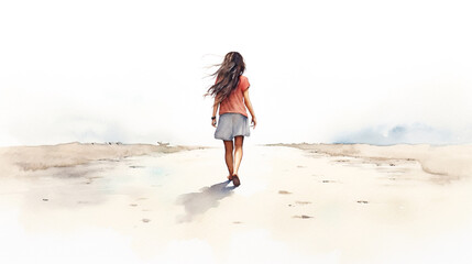 裸足で荒野を歩く少女の後ろ姿の水彩イラスト