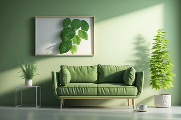 An illustration of a living area with a comfy sofa and a bright green wall. Generative AI