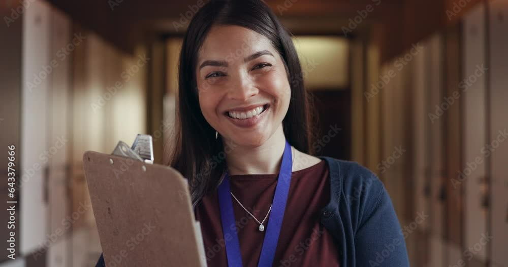 Poster education, teacher and clipboard with smile in school corridor for learning, knowledge and happiness