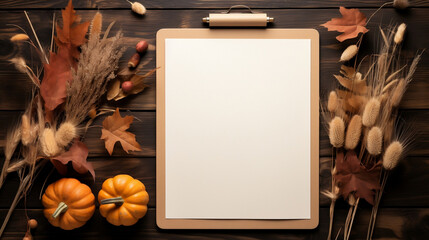Autumn vibes, Clipboard with blank paper, decorative pumpkins, and dried grass for fall festivities mockup