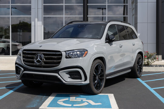 Mercedes Benz GLS 580 SUV display at a dealership. Mercedes offers the GLS 580 SUV with a 483-hp biturbo V8.