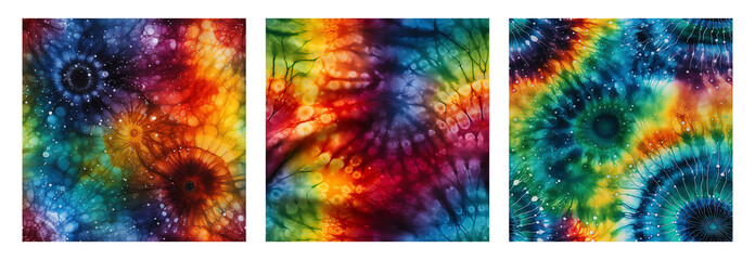 set of repeating seamless tie-dye ink mix patterns, blending iridescent inks for backgrounds or fabric prints

