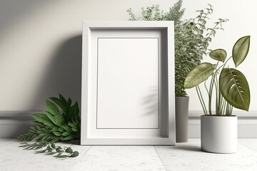 picture frame on the ground with plants,. Generative AI