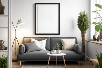 Living room faux poster frame. Scandinavian interiors. Generative AI