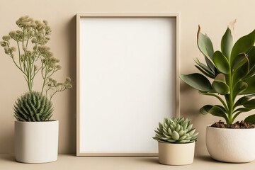 Plant and poster frame on bright beige wall. Elegant home décor. Mockup. Generative AI