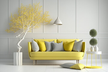 Yellow living room with a white sofa on the floor. Generative AI