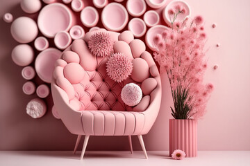 foam seat in pink. Pink flowers surround the area as décor for the space. with a variety of pink-colored ornaments. Generative AI