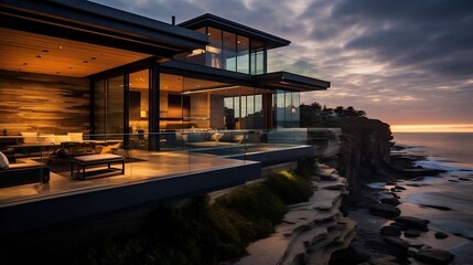 Contemporary beach house perched on a rugged coastal cliff
