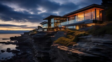 Fototapeta na wymiar Contemporary beach house perched on a rugged coastal cliff 