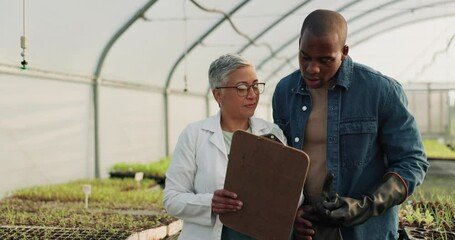 Farmer, scientist and handshake in greenhouse inspection, agriculture checklist and gardening or farming introduction. Food scientist, people or manager shaking hands with quality assurance clipboard