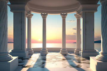 Beach sunset with marble columns inside. Generative AI