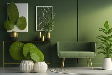 Center table, green wall background, and minimalist decor. Generative AI