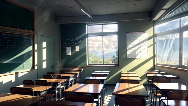 Empty school classroom background. Back to school fantasy animation concept with beautiful natural scenery. Seamless looping 4K virtual video animation background