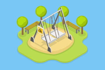 3D Isometric Flat Vector Conceptual Illustration of Playground For Disabled Kids, Outdoor Games for Children with Disabilities