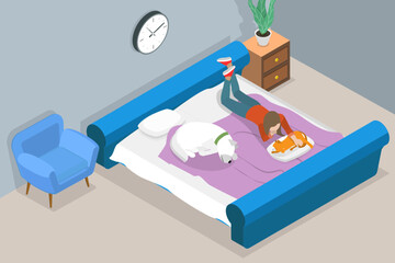 3D Isometric Flat Vector Conceptual Illustration of Rest With Pets, Comfort and Coziness in House