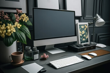 Home office computers and supplies are on the desk. Generative AI