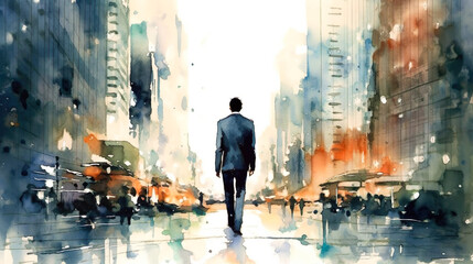 街中を歩くビジネスマンの後ろ姿の水彩イラスト