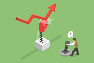 3D Isometric Flat Vector Conceptual Illustration of Stock Market Rebound, Economical Rise After a Fall