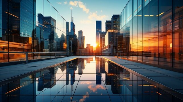 Reflective modern office building mirroring a vibrant urban scene.cool wallpaper	