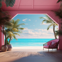 Fototapeta premium Pink cabana on the ocean with lounge relaxing chair and palm trees in large planters 