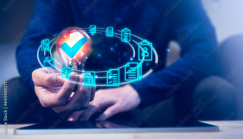 Poster document data system report hr technology concept, man holding light bulb with document icons, busin