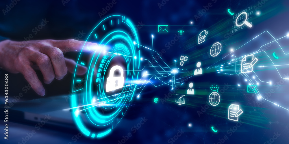 Aufkleber hand touching padlock in concept of cyber security and internet privacy data protection, protecting 
