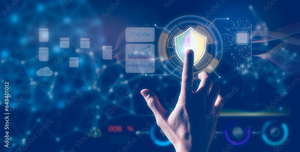 Aufkleber hand touching padlock in concept of cyber security and internet privacy data protection, protecting 