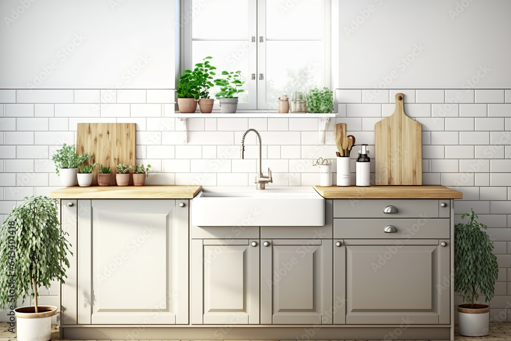 Poster realistic front view of blank wooden kitchen countertop with washing sink and faucet, white marble w