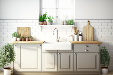 Fototapeta na wymiar Realistic front view of blank wooden kitchen countertop with washing sink and faucet, white marble wall tiles, grey theme storage cabinet set, and houseplants. Generative AI