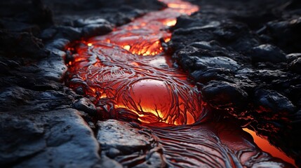 Magma pours from a volcano, resembling molten metal rivers
