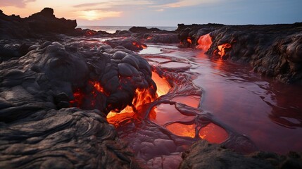 Magma pours from a volcano, resembling molten metal rivers

