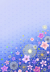 花と金装飾の和風背景　年賀状　和柄　青海波　キラキラ青　縦長