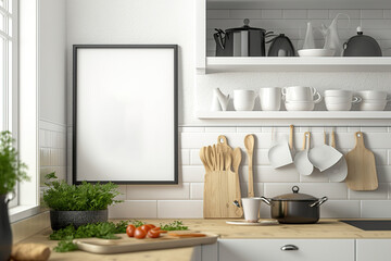mock-up poster frame in Scandinavian kitchen. Generative AI