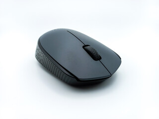 Black and Grey Wireless Computer Mouse Isolated On White Background. Three Quarters View