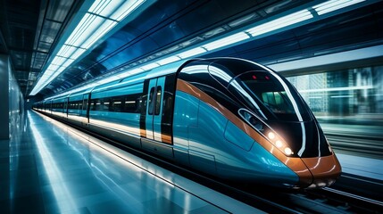 High-speed maglev train passing through a sleek urban tunnel
